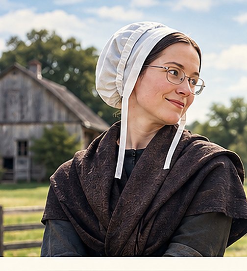 A Quaker woman in a bonnet standing in front of a barn