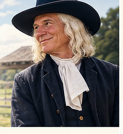A Quaker man in a broad brim hat on a farm