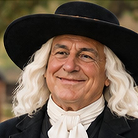 Larry, an older Quaker man in a broad brim hat